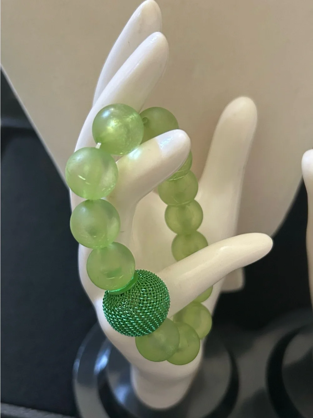 Green Beaded Stretch Bracelet with Textured Accent